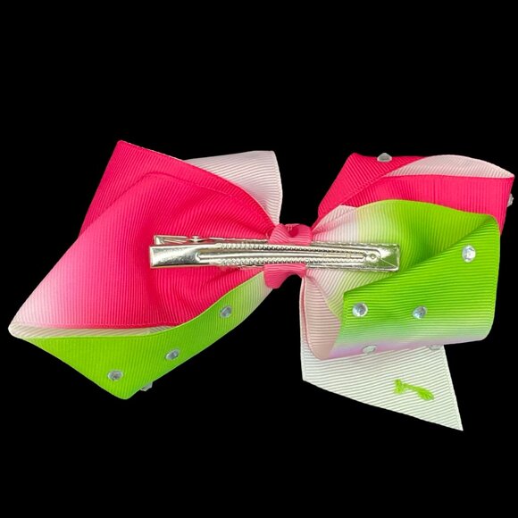 👣 5/$25 - Medium Pink/Green Fabric Bow Hair Clip w/ Rhinestone Accents - Picture 2 of 2